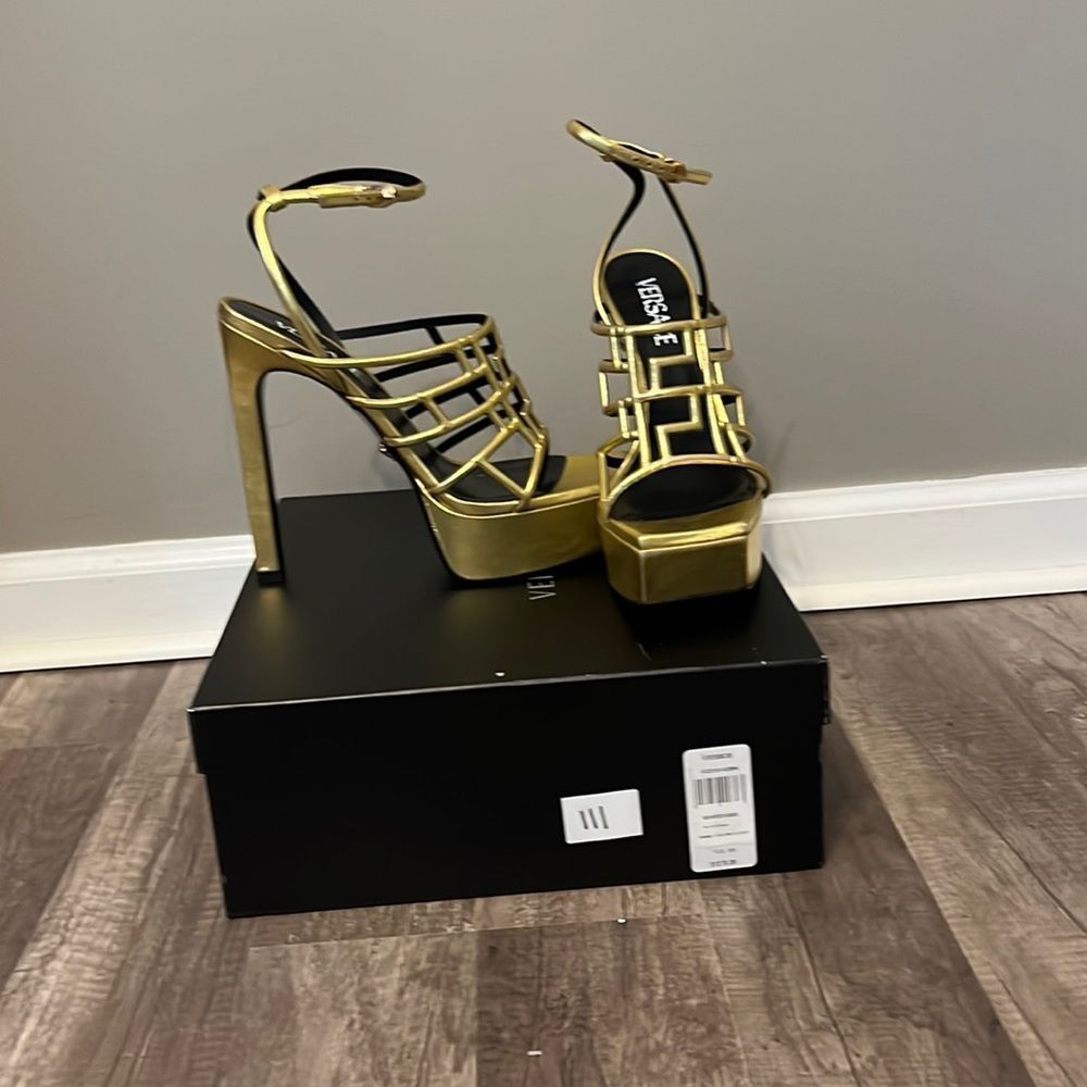 Versace Greca Maze Sandals, Gold and Black size 39 1/2 also never worn,
